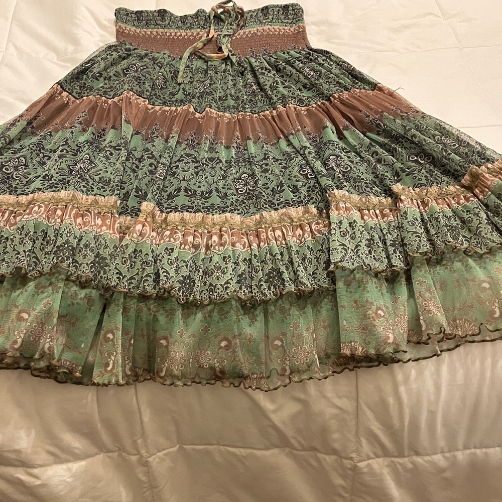Lapis Green and Brown Floral Tiered Maxi Skirt - Picture 7 of 7